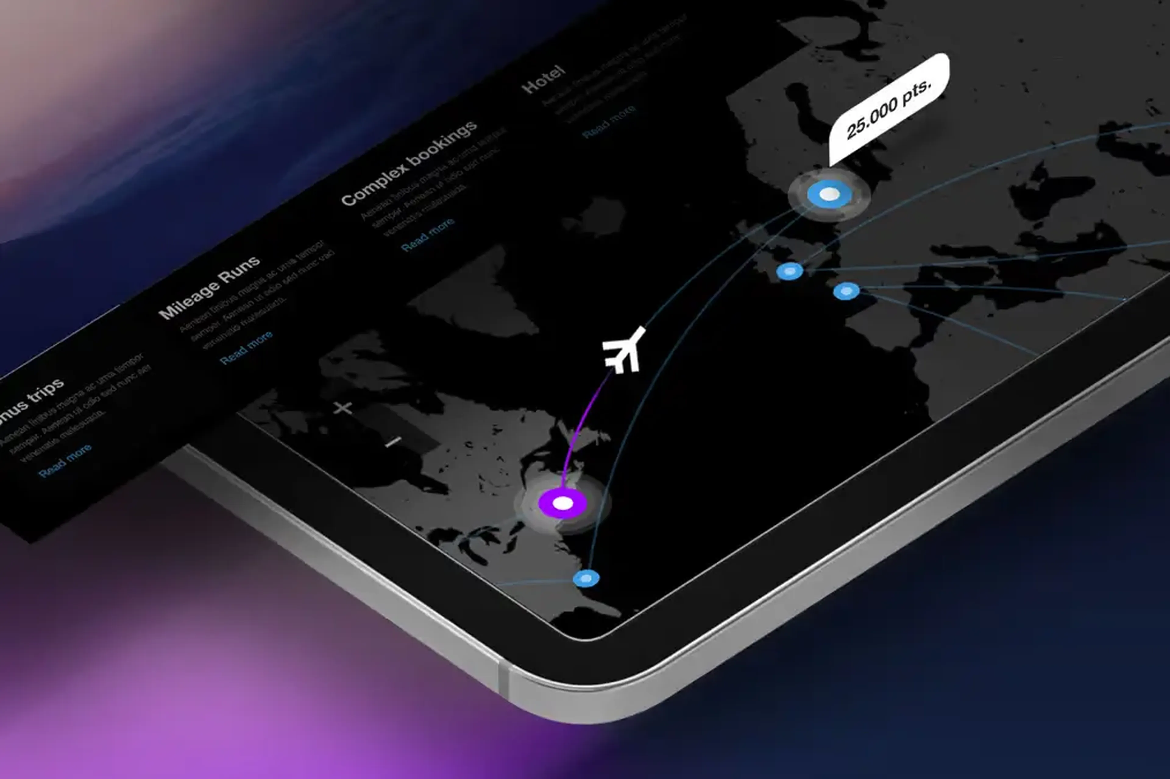 Tablet screen displaying a flight route map with connected destinations and mileage number, overlaid with a white airplane icon.