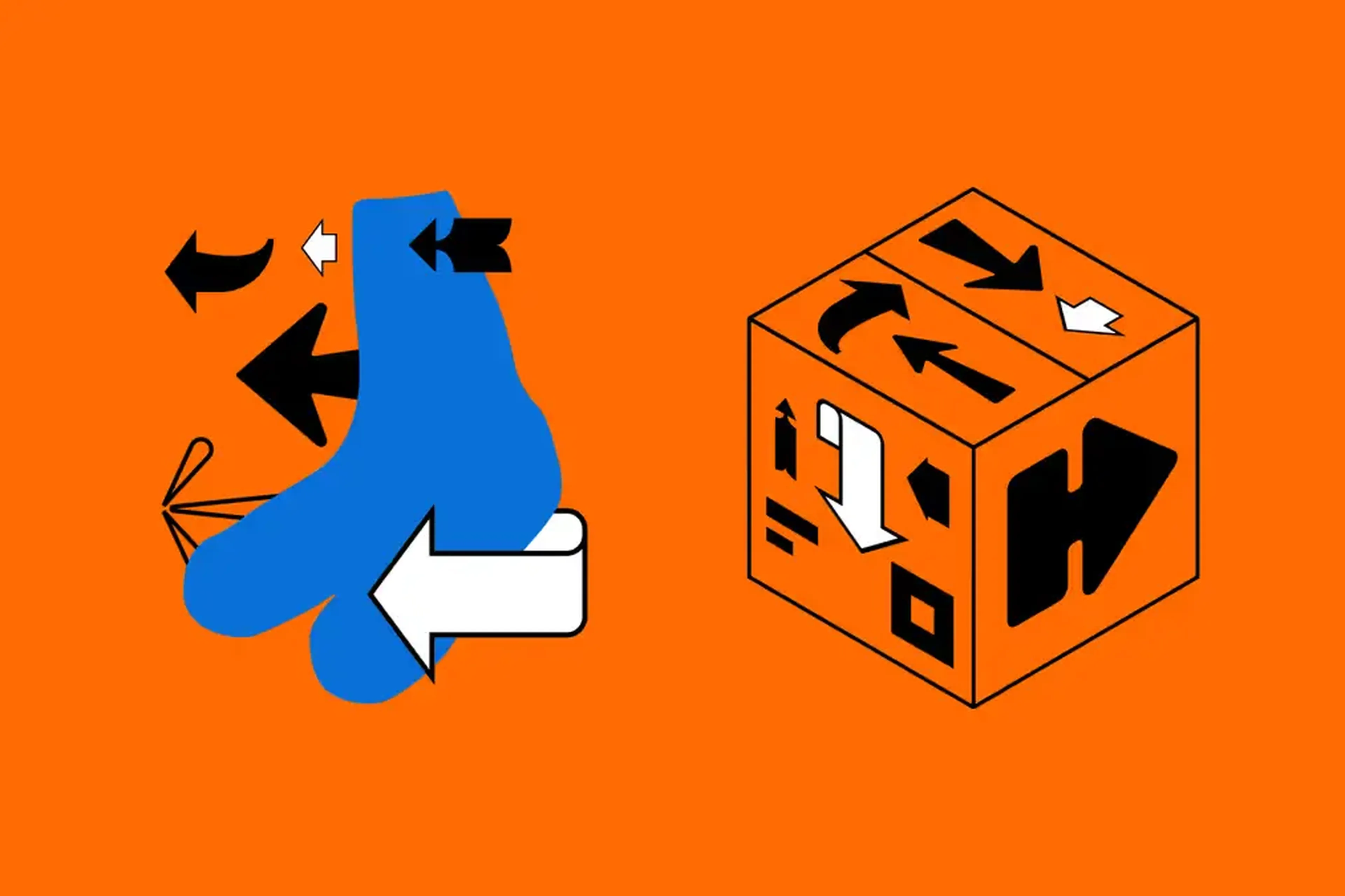 Abstract illustration: blue abstract shape with black and white arrows on left, orange cube with assorted black arrows on right, orange background.