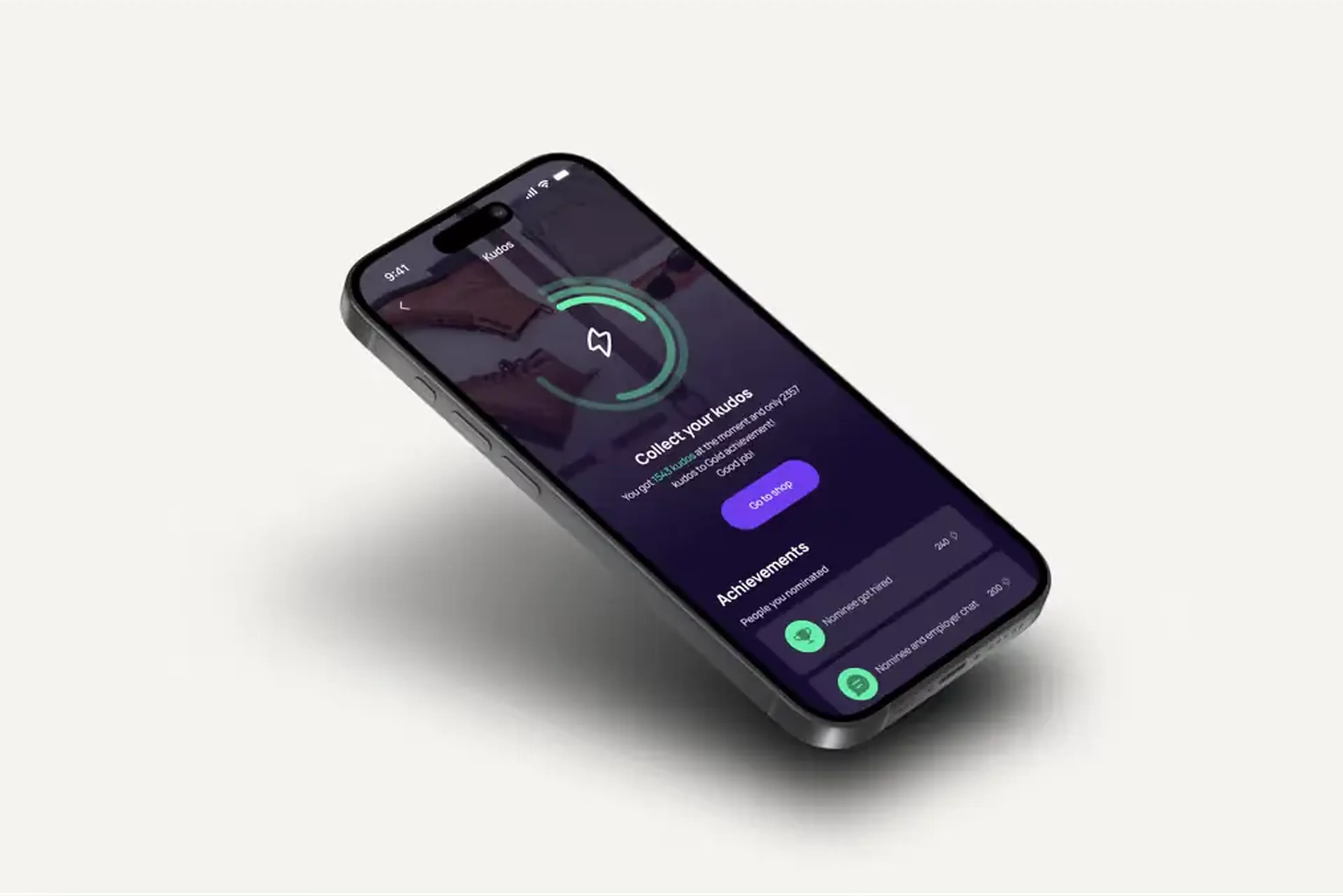 Smartphone displaying a dark-themed app interface with a "Collect Your Kudos" feature, showing a progress circle and an achievements section.