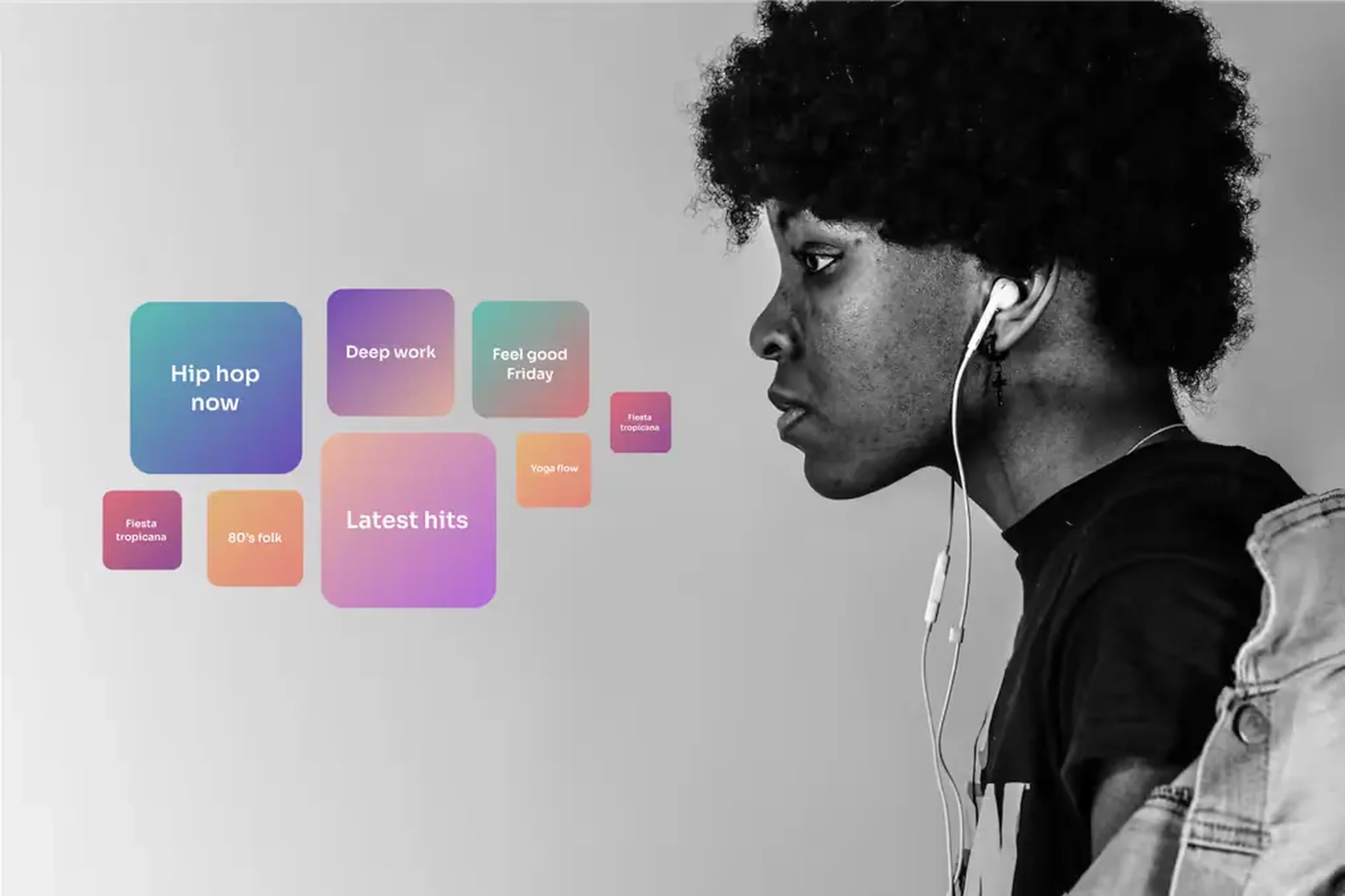 Profile of a person with earphones, facing colorful floating music app icons, including "Latest hits" and "Hip hop now."