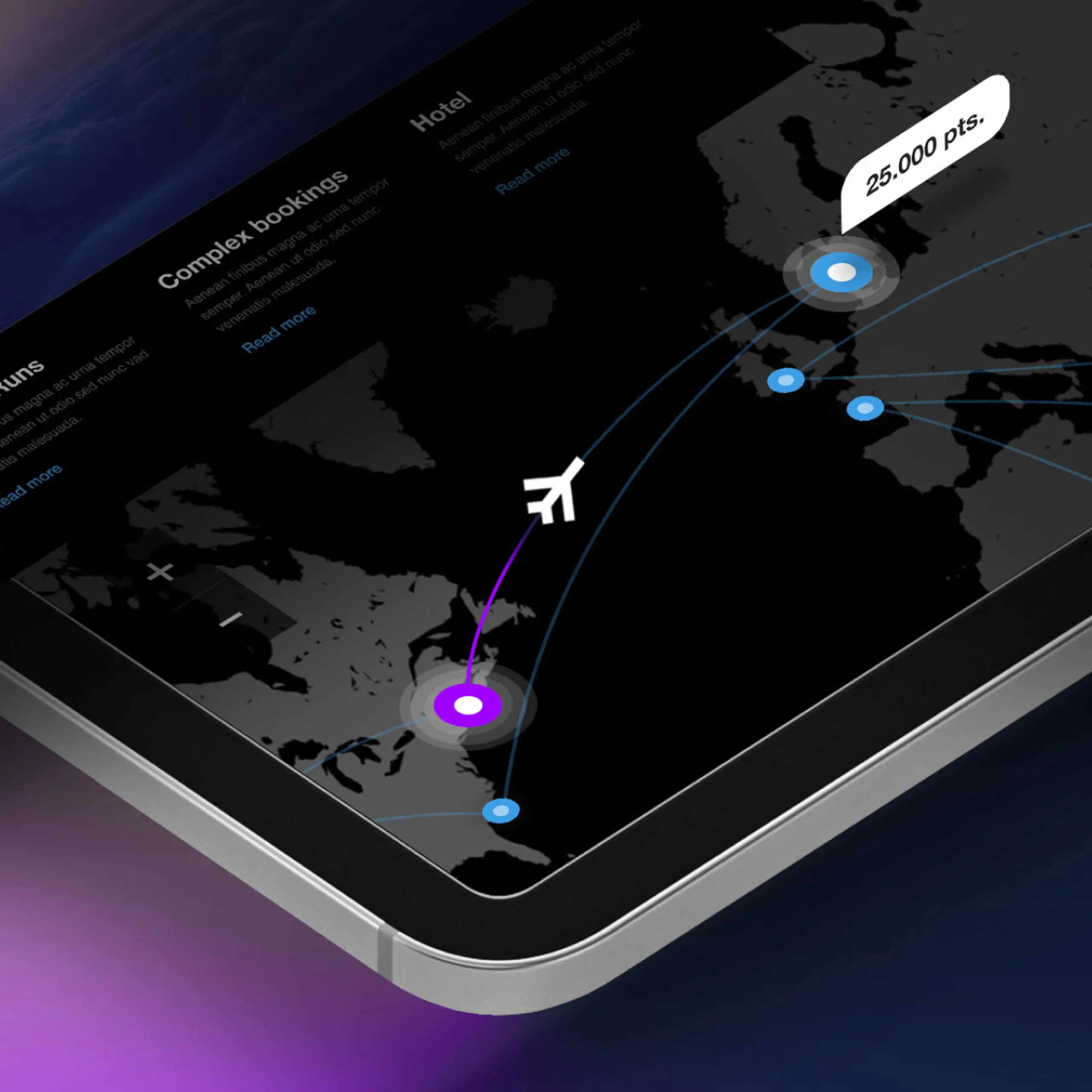 Tablet showing a flight route map with an airplane icon and a "25.000 pts." label.