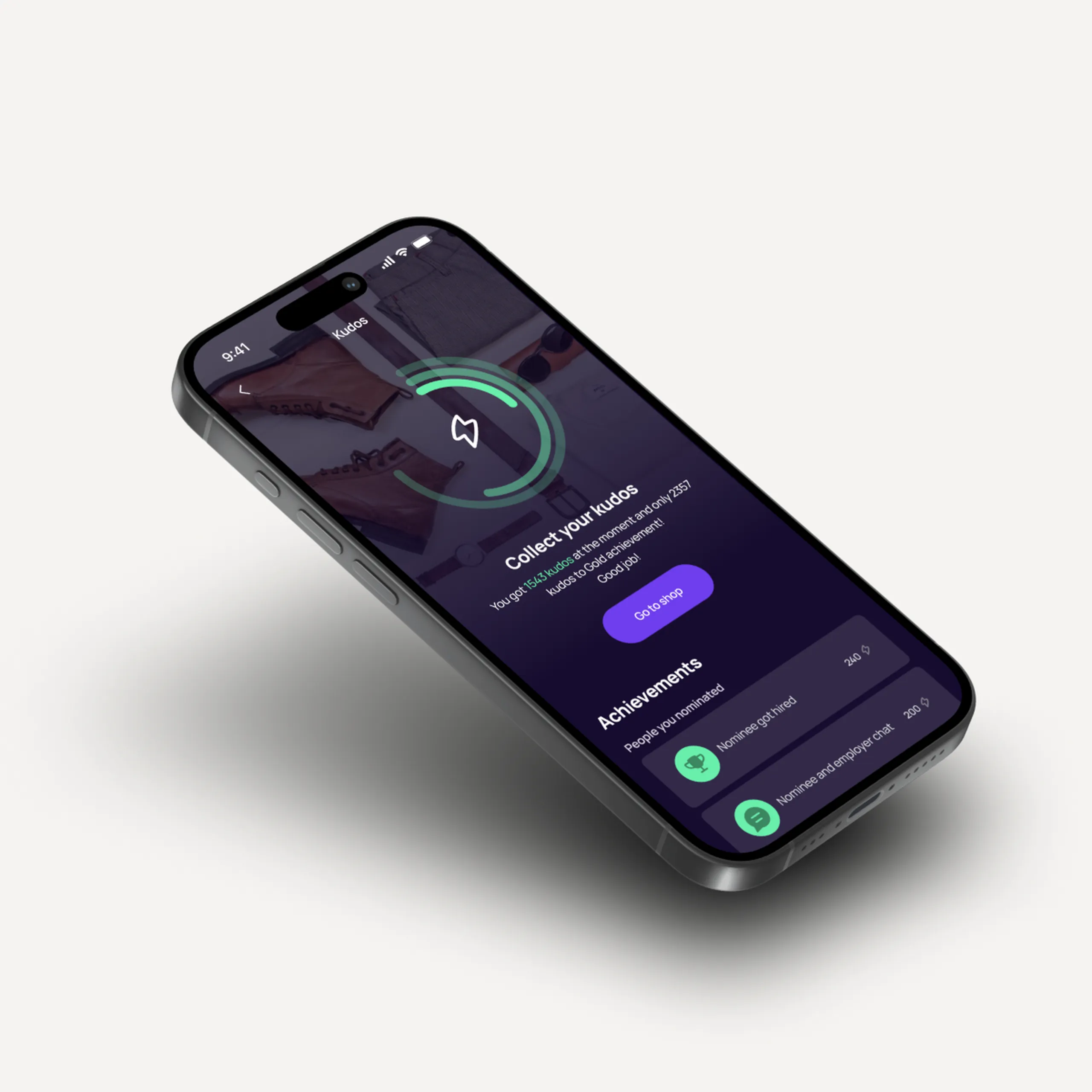 Nominator app on a phone showing a Kudos screen with a progress ring and achievements.