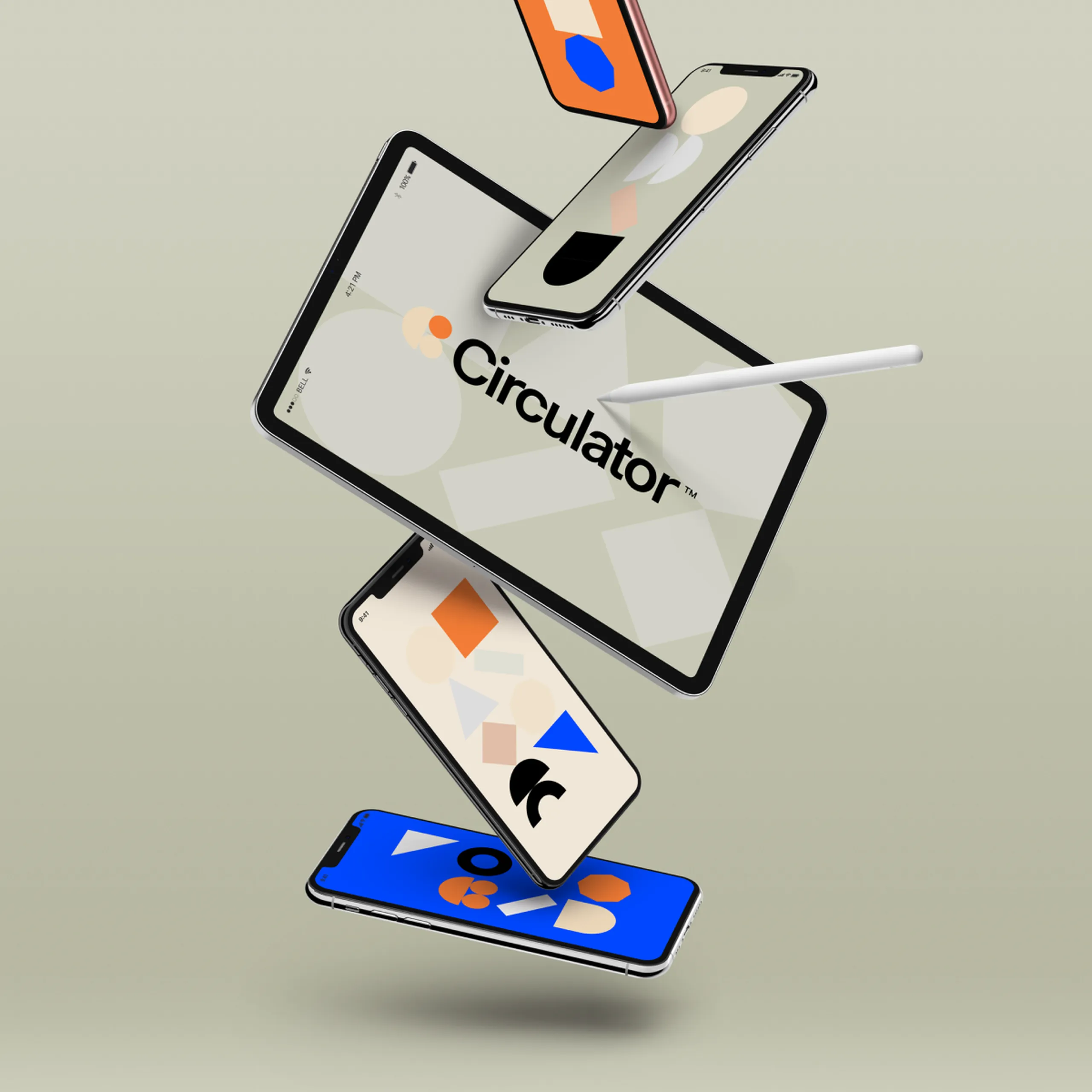 Circulator brand identity on a tablet and four phones, with abstract orange, blue and beige shapes.