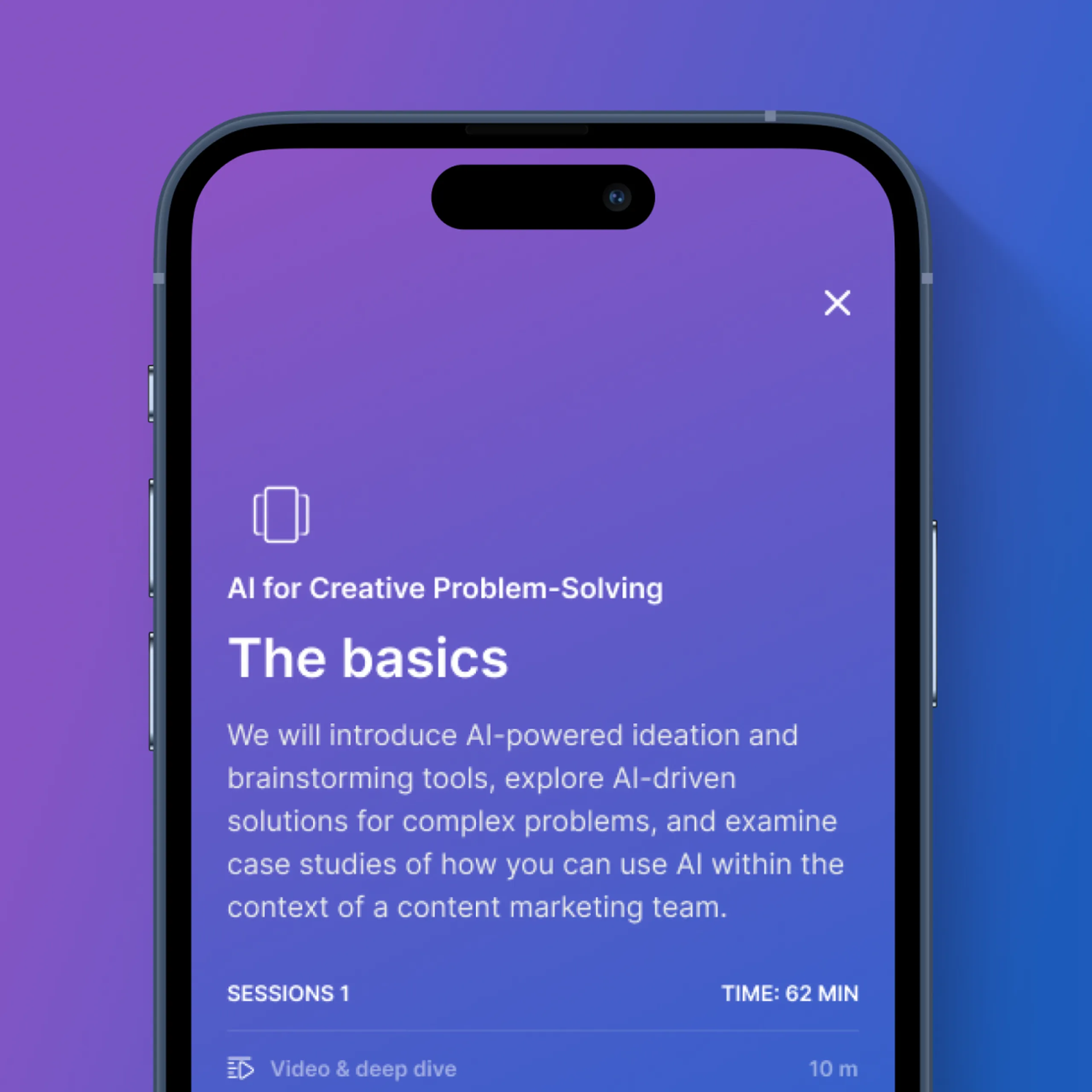 Phone showing the course screen "AI for Creative Problem-Solving: The basics" on a purple to blue background.