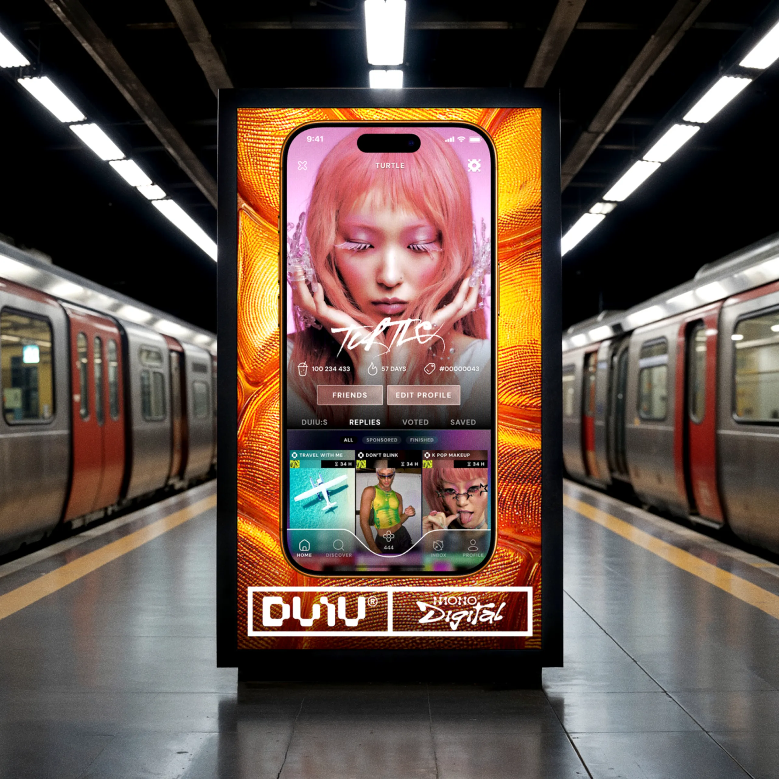 DUIU app on a phone, shown on a billboard in a subway station.