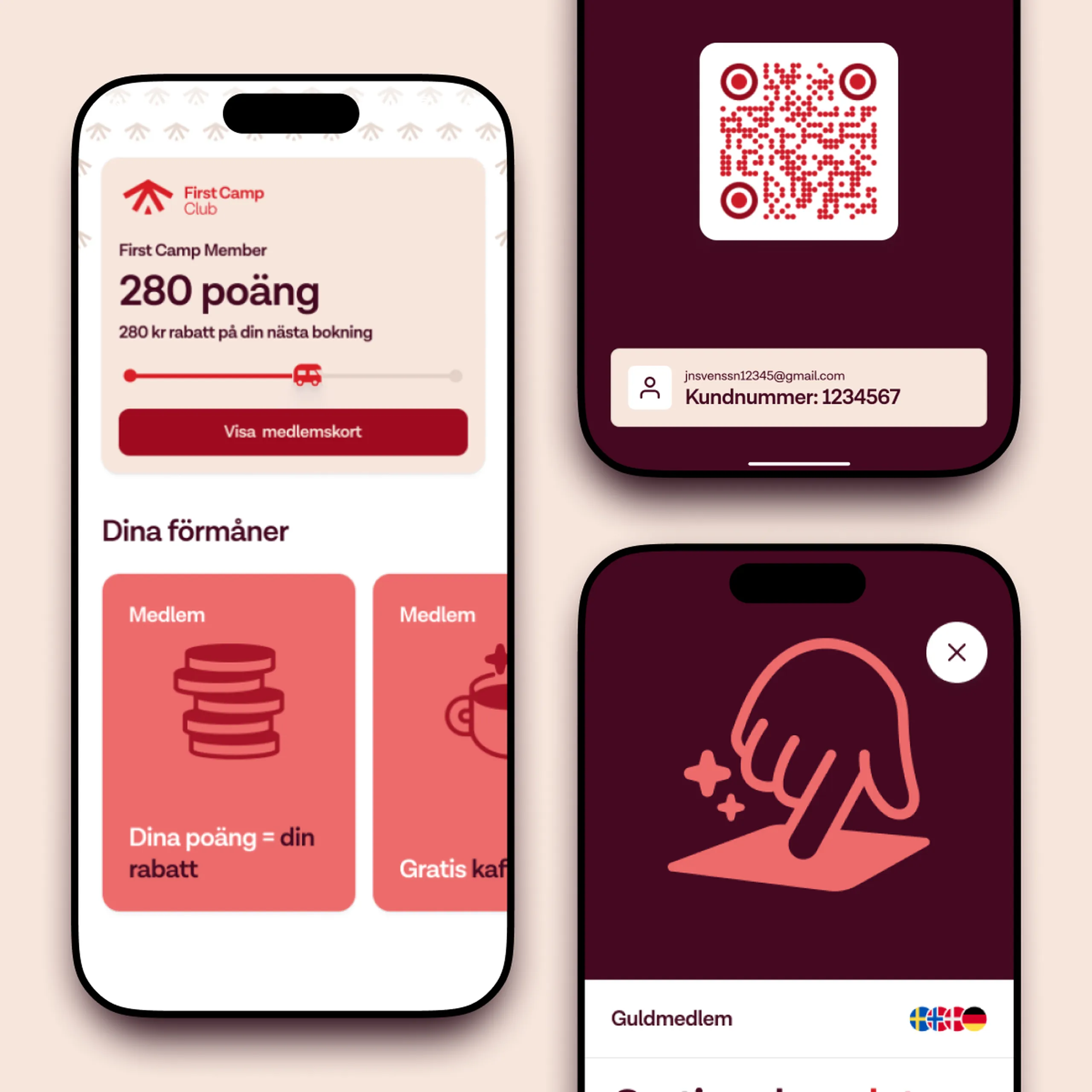 First Camp Club app on three phones showing a points balance, a membership QR code and a gold member screen.