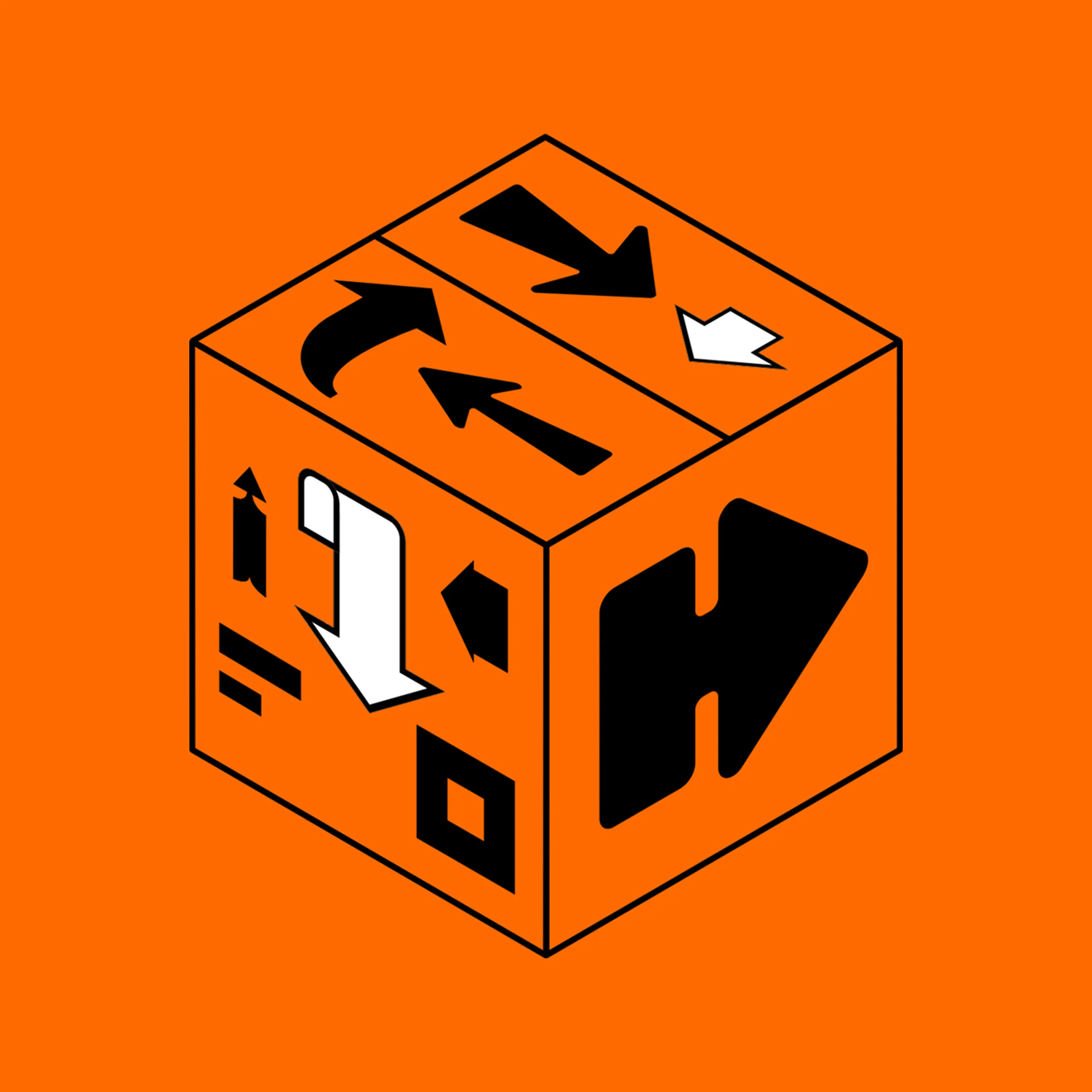Orange isometric cube covered in black and white arrows.