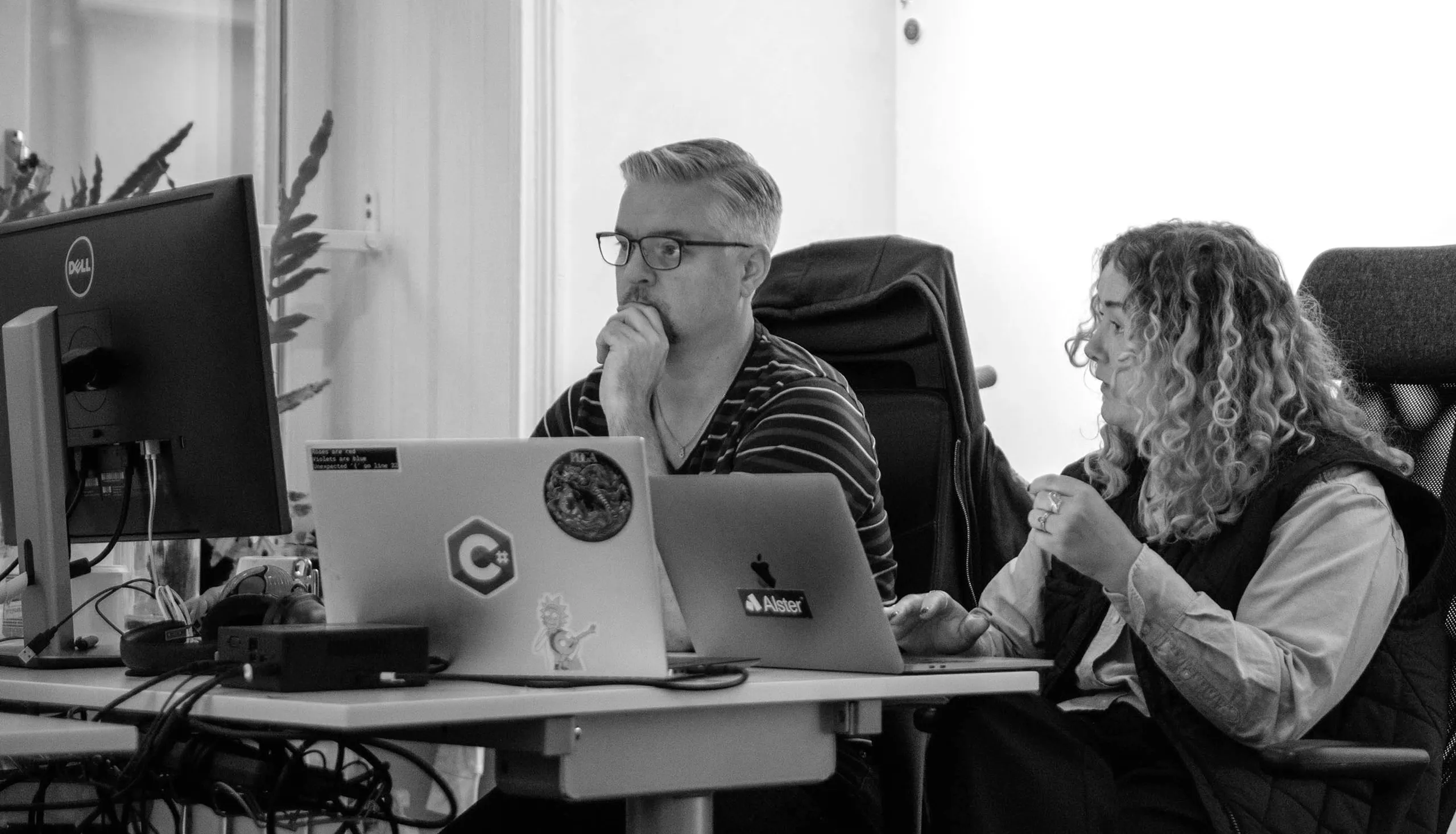 Two colleagues working at laptops at a shared desk.