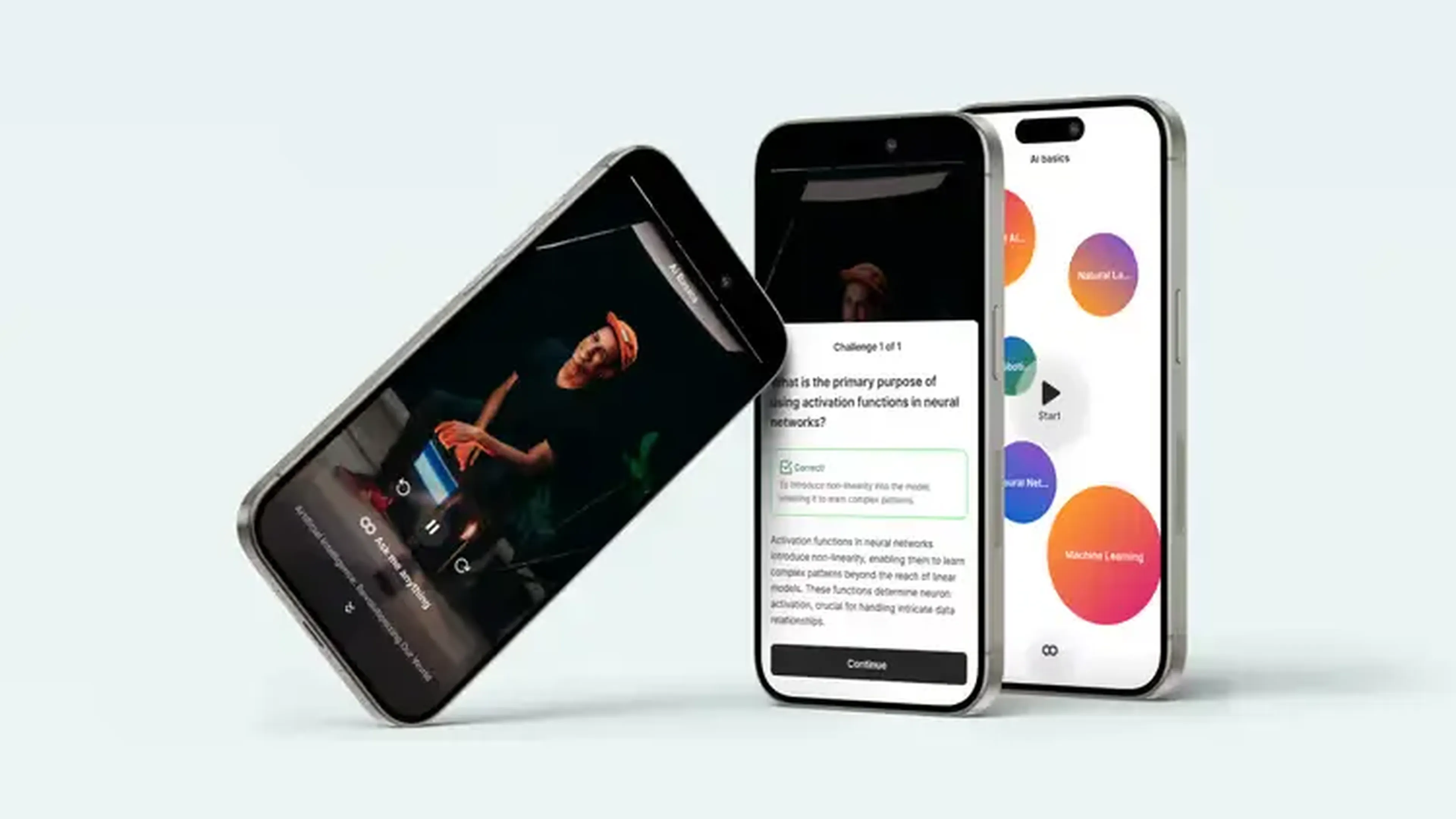 Three smartphones display various educational app screens, including a video, a quiz, and colorful learning icons, against a light background.